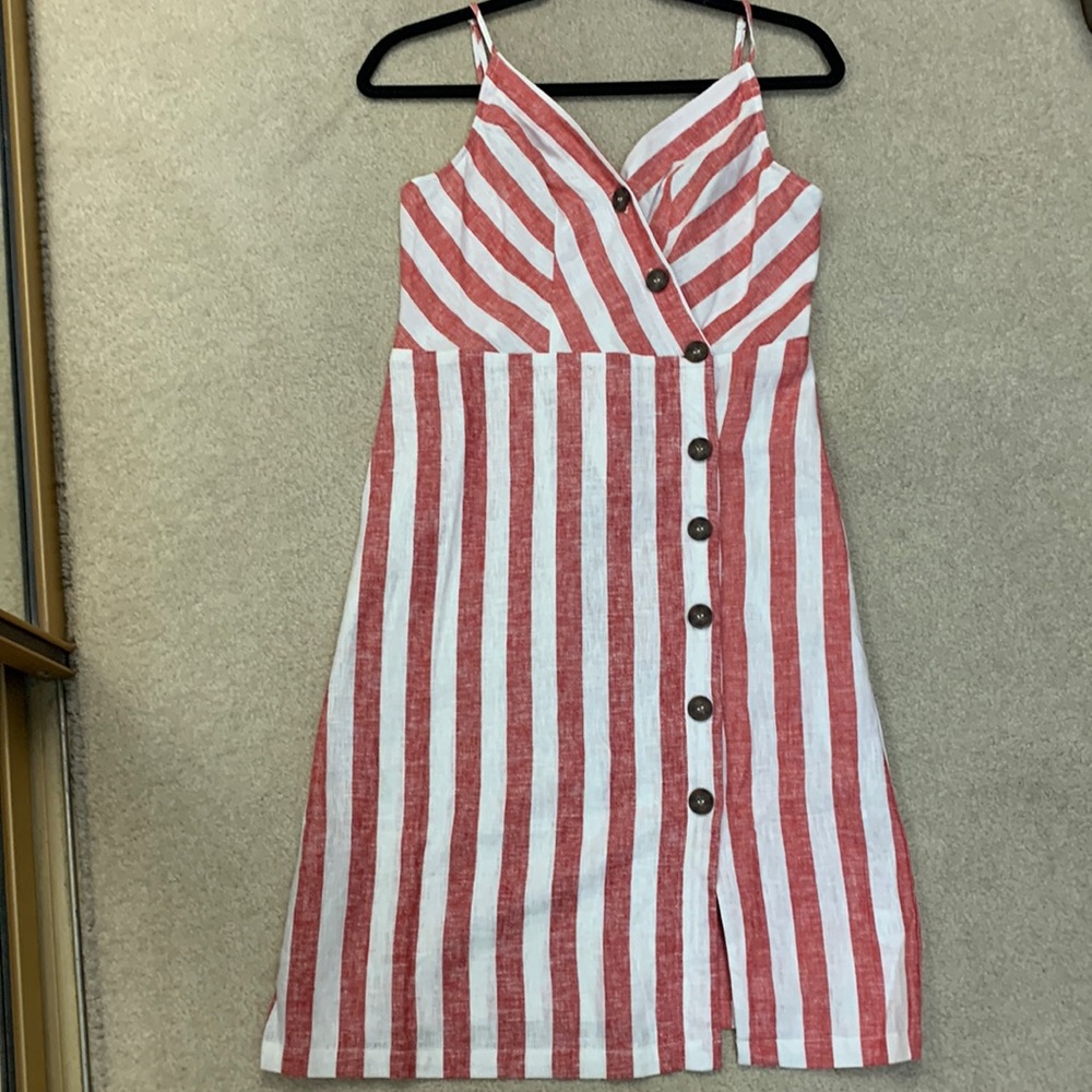 White & Red Striped Linen sun dress